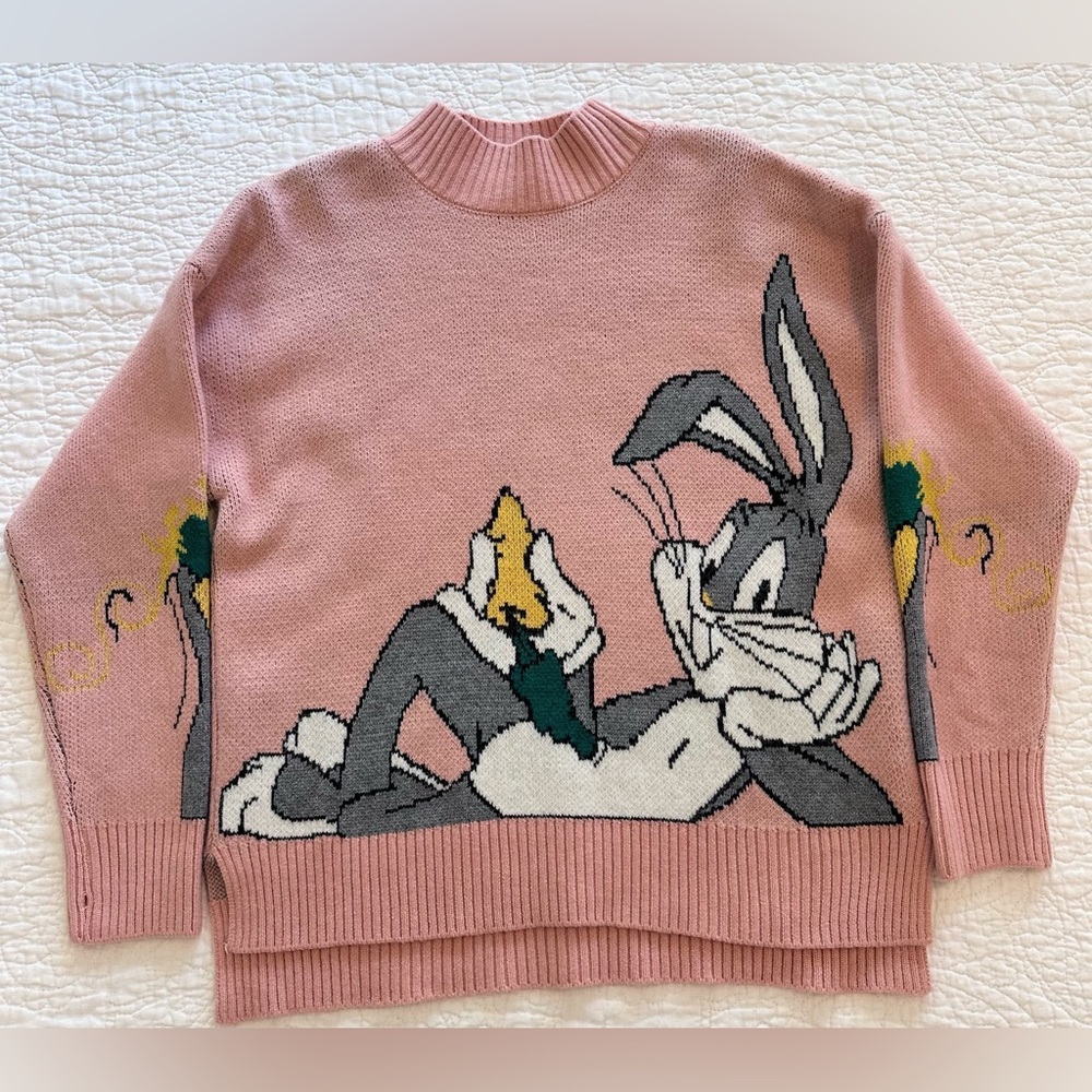 Bugs Bunny Graphic Knit Sweater Pink Cartoon Pullover Nostalgic NWOT